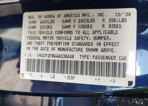 2010 Honda Accord 2.4 Ex-L from USA, damaged, VIN 1HGCP2F84AA036448